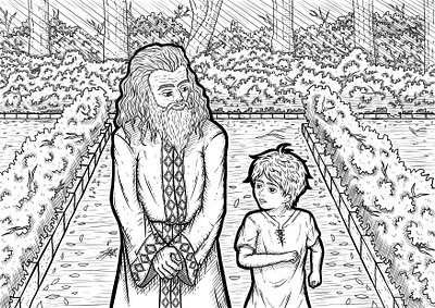 Walk in the Park art beard boy decorative drawing illustration line lineart long hair male man old park robe stylize stylized talk walk walking young