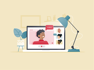 Webinar branding character art chatting colour palette creative desk plant desktop flat design illustration lamp office office space simple stroke illustration video call webinar