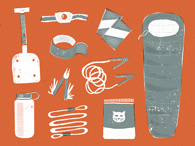 Things to Bring: Winter Road Trip adventure gear gear list green illustration knolling orange outdoors red vector