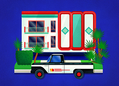 West Hollywood 1950s 50s apartment art building car colorful ford ford truck hollywood home illustration mid century print red retro street truck vector west hollywood