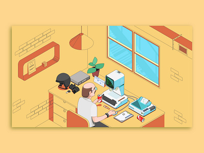 Isometric office space biker outfi character design equipment graphicdesign graphics illustration isometric line man man illustration office equi office man office space spac