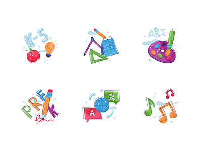 icons for kindergarten. elephantmark x marco after art back to school children design education flat icon illustration kindergarden language line mathematic music pencil pre-k school tutoring vector web