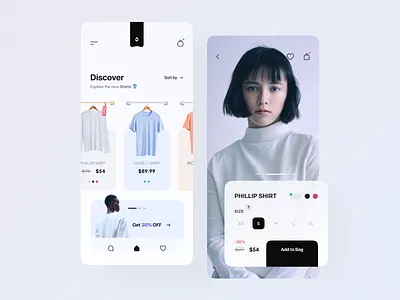 Clothing Store App bag brand clothes discover ecommerce app fashion figma minimal mobile app design mobile design model photo shopify shopping style t shirt ui ux white women