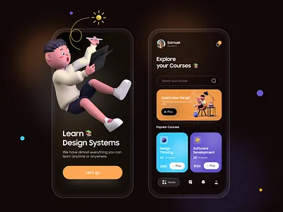 Explore Courses - Mobile App UI/UX 2d art 3d art 3d character 3d illustrations app ui app ui designs app uiux dark theme design find courses free learn design learning app ui courses ui desdign ui design app ux