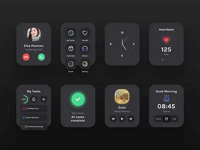 DarkMode Watch UI Screen alarm clock apple watch apple watch design clean dark dark mode dark ui darkmode health icons minimal music player ui simple ui user interface design watch watch app watch ui