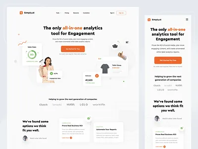 Simply.at – Landing Page analytics clean hero section landing page light minimal orange responsive saas saas landing page social media ui ui ux web design website white