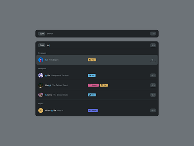 Components - Dark badges characters design system expanded gaming hero player players profile search shortcut tags typing user