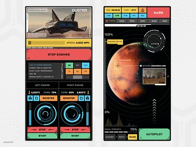Mission Control - Mobile Game bahur78 charts clean control panel cyberpunk dashboad figma futurism futuristic ui games games design interface mars mobile game design mobile games mobile ui space ui uiux ux