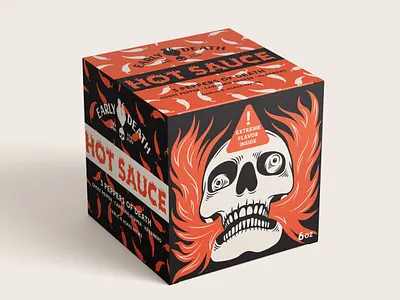 Early Death / Hot Sauce box design branding carolina reaper chilli death drawing early death fire flavor food packaging design ghost pepper habanero hot sauce illustration package design pepper roster skull trade mark