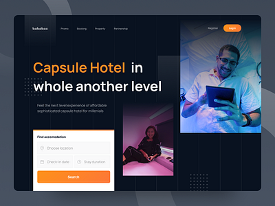 Bobobox - Landing Page bobobox capsule hotel clean dark dark mode figma hero hotel landing page local business minimalist simple uidesign ux uxdesign uxui web design web designer web designers