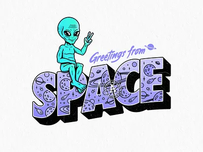 GREETINGS FROM SPACE alien alterfan artist artwork asteroid coverart greetings illustrator lettering planets postcard space ufo vector