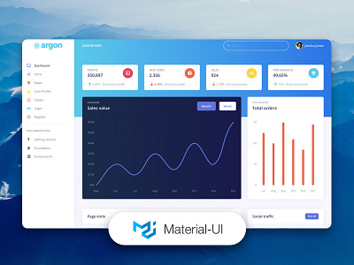 Argon Dashboard Material-UI admin design admin panel chart dashboard development free freebie gradient icons map material material ui react responsive sales traffic user profile values web design widgets