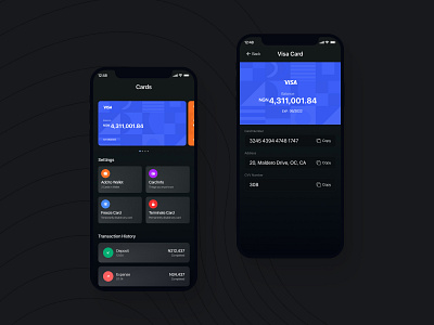 Virtual Cards credit card dark mode dark ui debit card finance app fintech interaction design mobile product design ui