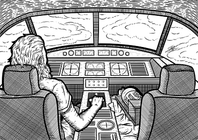 Pilot aeroplane air craft black box cross hatching digital drawing illustration illustration digital line art long beard long hair male man pilot piloting plane scruffy stylize stylized vehicle