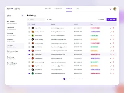 Nara Medics | Contact Management Page advanced table automation contact contact management contacts dashboad doctor filter managment medical medical app medicine navigation software table table design table sheet tags webapplication