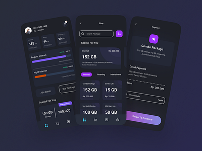 Mobile Network Operator Concept android app blue branding cellular concept dark dark app dark mode dark theme dark ui design discount market marketplace minimal network operator simple ui