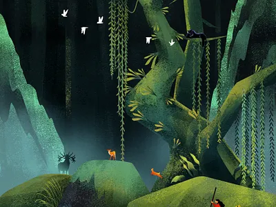 The Journey character forest forest animals illustration jungle panther river water