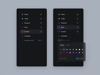 Main navigation app color picker component dark app dark theme design system list navigation task list task manager todoist