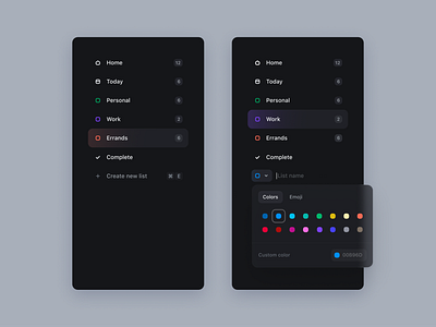 Main navigation app color picker component dark app dark theme design system list navigation task list task manager todoist