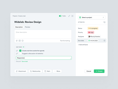 Projects - Create a task attachment buttons clean create creator description design system details management modal page popup progress projects story style tasks ui ux widelab
