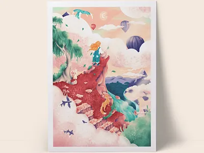 Storybook Print - Full balloon book character clouds digital illustration environment environment design fantasy fish illustration landscape landscape illustration mountain pink story storybook whale whimsical
