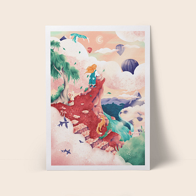 Storybook Print - Full balloon book character clouds digital illustration environment environment design fantasy fish illustration landscape landscape illustration mountain pink story storybook whale whimsical