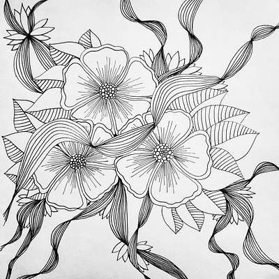 Trio black and white doodles drawing flowers illustration lines zentangle