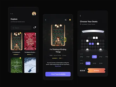 Cinema Booking Tickets App app available black blur cinema dark design explore figma film imdb mobile app mobile design movie movies seats share ui ux
