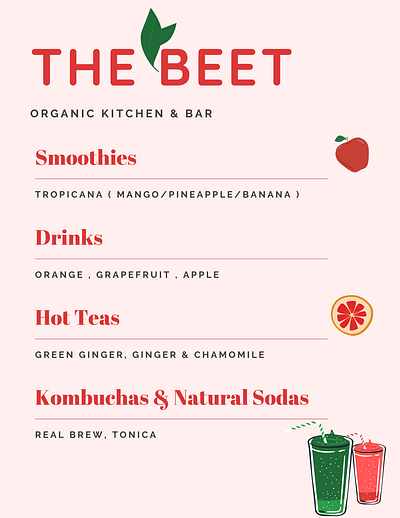 The Beet Organic Cafe Menu canva fitness foodlover healthcare healthdrinks hospitality hospitalitymanagement kitchenware menu design organic food restaurant branding restaurantmanager restaurantowner smoothies social media