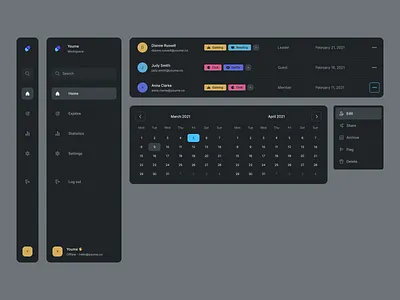 Components - Dark app calendar dark dark mode dashboard data date picker design system dropdown interface menu side navigation sidebar table tags team ui ux web workspace