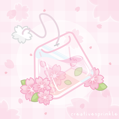 Cherry Blossom Aesthetic Tea Bag cherryblossom cute food illustration pink sakura tea vector