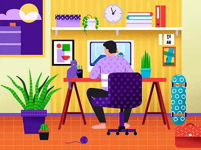 忙到眼瞎 人物 夜晚 室内 工作 插图 猫