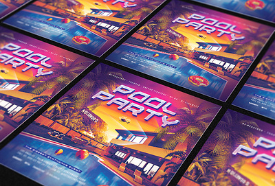 Pool Party Flyer 80`s 80s eighties flyer helicopter hollywood la outrun palm party police pool retro retrowave summer synth synthwave vapor vaporwave wave