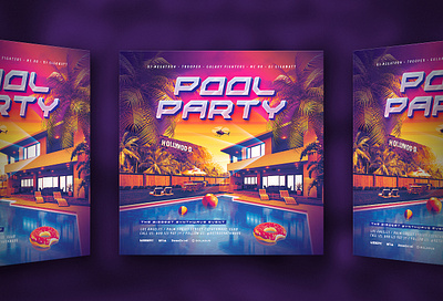 Pool Party Flyer 80`s 80s eighties flyer helicopter hollywood la outrun palm party police pool retro retrowave summer synth synthwave vapor vaporwave wave