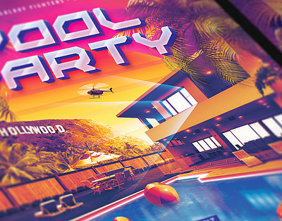 Pool Party Flyer 80`s 80s eighties flyer helicopter hollywood la outrun palm party police pool retro retrowave summer synth synthwave vapor vaporwave wave