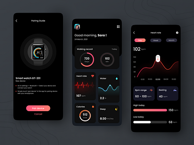 Health Tracker App activity app app design calories clean dailyui dark dark app dark ui design health health app health tracker healthcare medical ui ui design uiux ux water