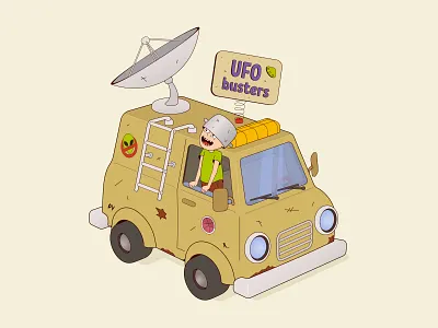UFO busters 2d 3d aliens boy buster car cartoon character child game illustration imagination ufo vector