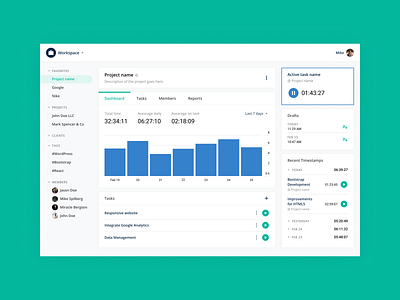 Task & Time Management Dashboard bar chart dashboad dashboard app dashboard design dashboard grid dashboard menu dashboard navigation dashboard ui left menu left nav left navigation tabs ui task list task management task manager time management web design