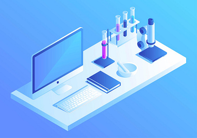 Isometric laboratory book design flat gradient illustration isometric keyboard lab laboratory microstock monitor vector