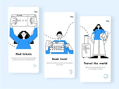 Travel mobile app onboarding 2d blue character clean digital explorer figma hotel booking illustration illustrator mobile app mobile design mobile ui onboard onboarding ui online text travel uxui vector