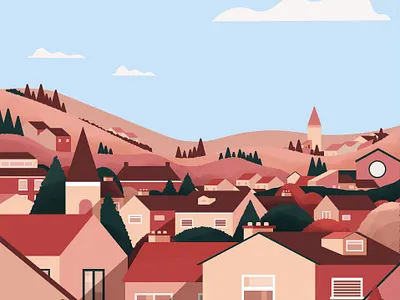 sunset suburbs blue houses illustration illustrator landscape nature photoshop pink suburbs sunset texture town trees