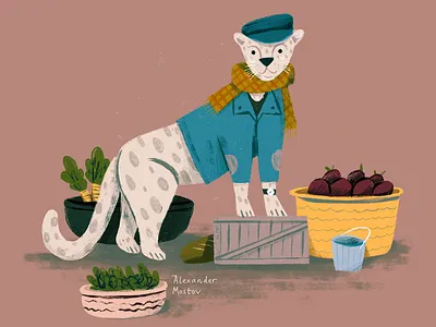 Fritz the Merchant animals anthropomorphic cat character cure drawing editorial food illustration kidlit kidlitart leopard market old painting personification picture book story vintage