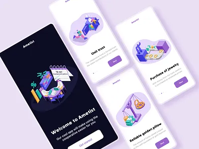 Bank mobile app onboarding 2d app bank clean digital figma finance illustration interface isometric isometry mobile app money onboard onboarding onboarding ui online purple uxui vector