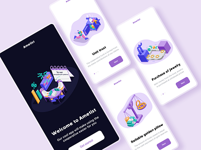 Bank mobile app onboarding 2d app bank clean digital figma finance illustration interface isometric isometry mobile app money onboard onboarding onboarding ui online purple uxui vector