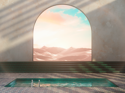 Sunset in the Desert 3d architecture c4d camilociprian cgi desert interiordesign mountains pool redshift3d render space spaces surrealism