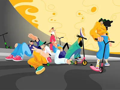All The Cool Kids cool illustration kids scooter skate sport sunset teenagers teens urban vector yellow