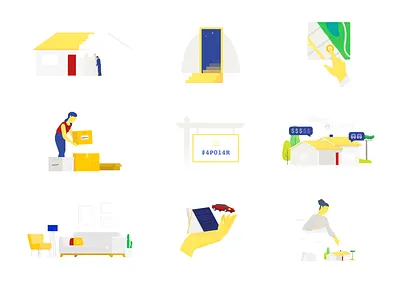 Apolar Procura Illustrations boxes door entry house illustration living room map moving product design real estate realty