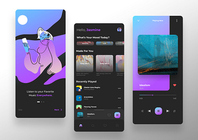 Ui and Illustration Exploration on Music app app dark mode dark theme dark ui design illustration interface ios minimal mobile music app music player onboarding ui ui design uidesign uiux user interface user interface design ux