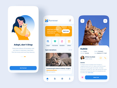 Furrever - Cat Adoption App adoption blue cat cats clean design donation app exploration flat design flat illustration illustration minimalist mobile app ui ui design ui exploration uiux ux ux design ux designer