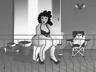 Person on Balcony with Cat art balcony campingchair cat design faces grayscale greyscale heels illustration illustrator kitty leghair person shadows smoke smoking undies vector